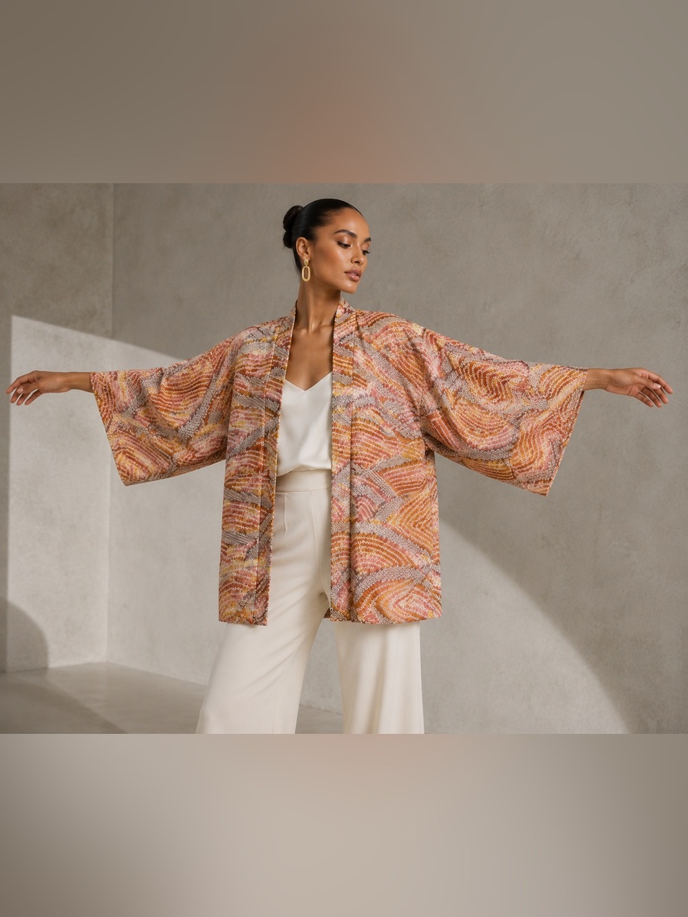 Artisan Boho Kimono Jacket Abstract Ikat Inspired Print Rust Peach Gold